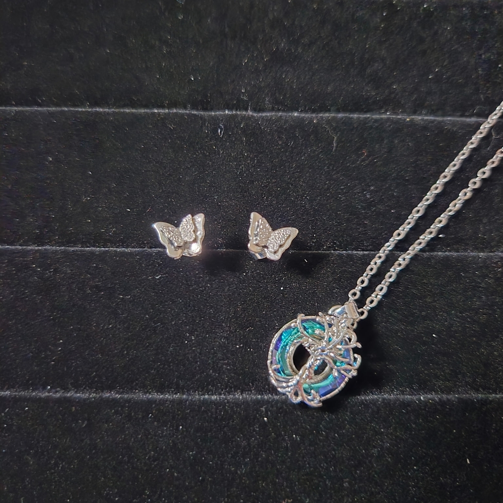 Avon Silver Necklace with Blue and Green Pendant NWOT